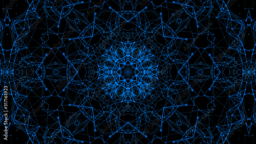 Fototapeta kaleidoscope patterns of blue particles. abstract background. 3d render illustration