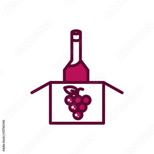 wine bottle in cardboard box grapes celebration drink beverage icon line and filled