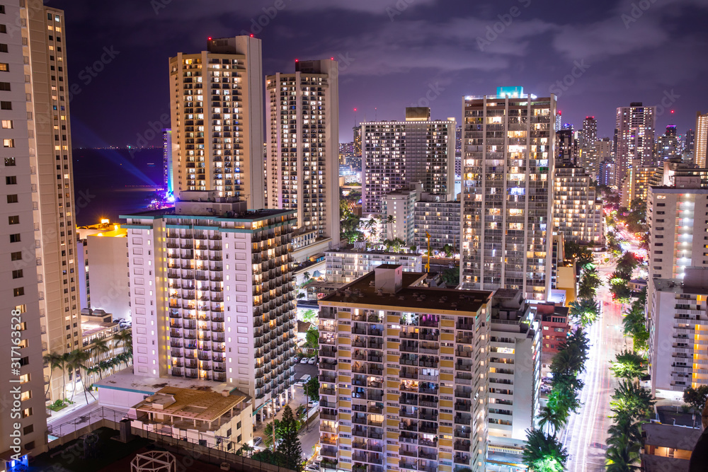 Honolulu downtown hotels view at night