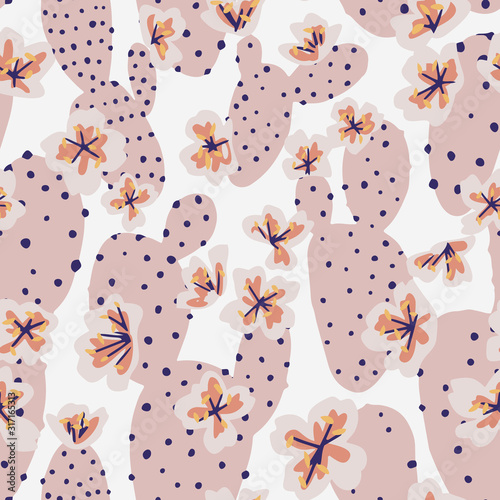 Blooming cactus. Exotic botanical seamless pattern. Flat floral ornament. Cartoon style cutout design.