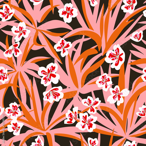 Summer botanical  garden mixtures with plants such as aloe leaves, flower heads and cactus. Decorative floral seamless pattern. Trendy flat design. Silhouettes and cut out style technique.