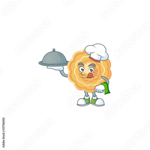 cartoon design of chinese mooncake as a Chef having food on tray