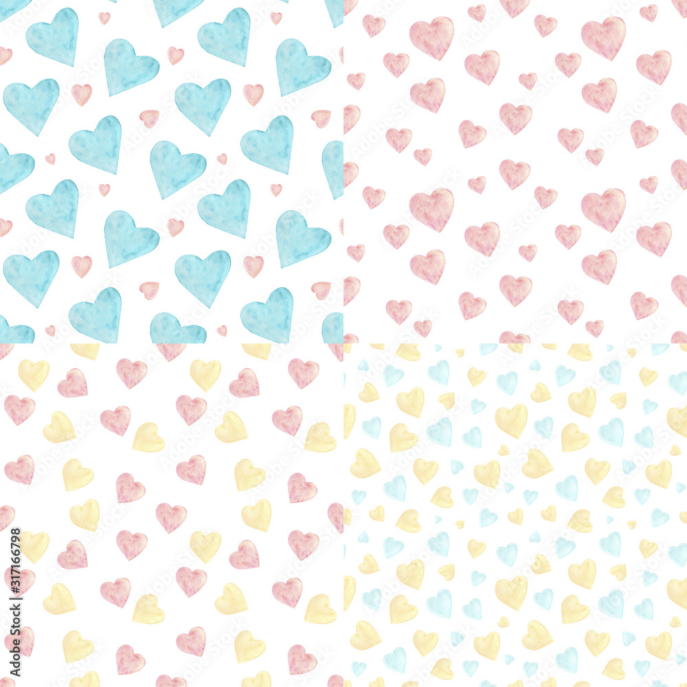 Set of valentines day seamless pattern with hearts on white background. Watercolor pastel color cute hearts background collection. Perfect for wrapping papper, covers, children textile, fabric, design