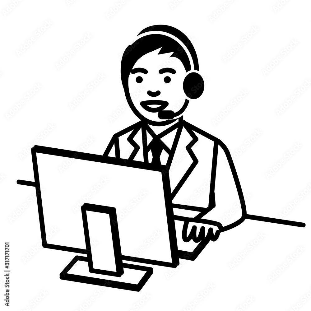 Call center operator. man using headset and computer. Vector illustration. Call center operator. man using headset and computer. Vector illustration.