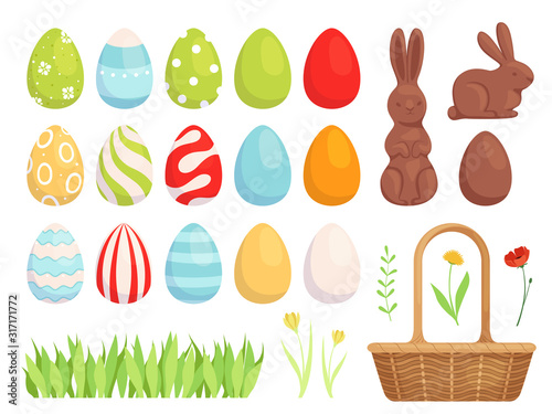 Set of easter painted eggs, beautifully decorated eggs for the holiday. Flat design vector illustration.