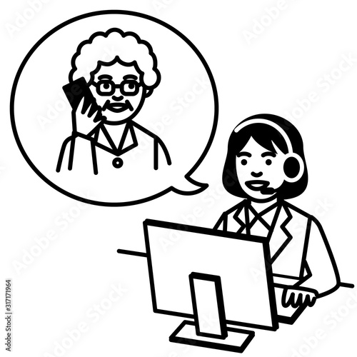Call center operator talking with woman. Vector illustration.