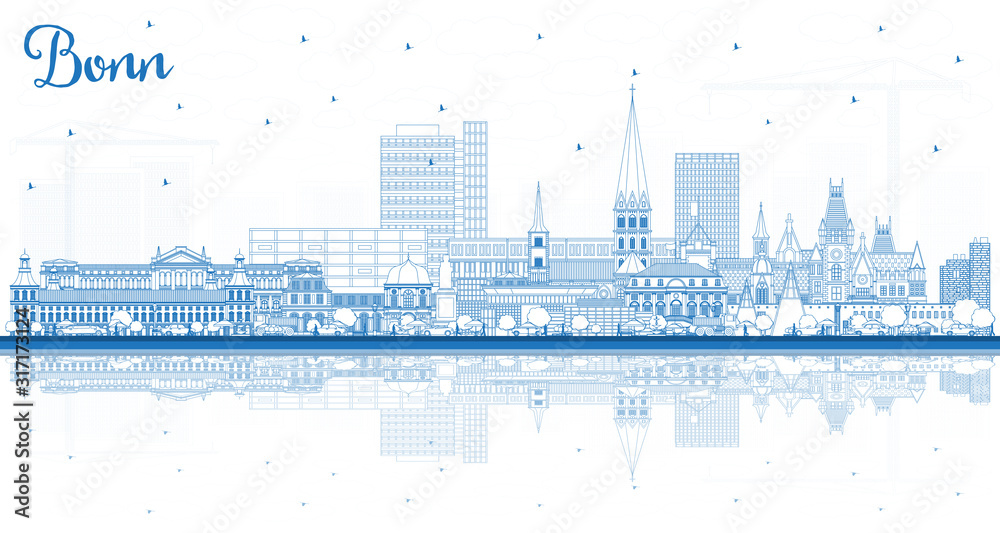Outline Bonn Germany City Skyline with Blue Buildings and Reflections.