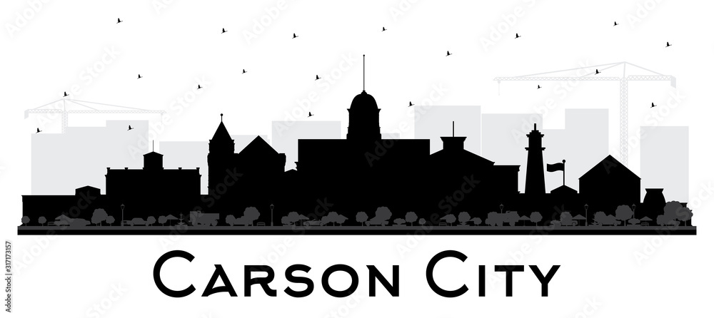 Carson City Nevada City Skyline Silhouette with Black Buildings Isolated on White.