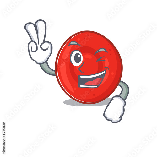 Smiley mascot of erythrocyte cell cartoon Character with two fingers