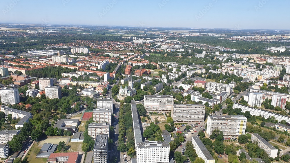 Panoramic view of the city of Wroclaw against the blue sky