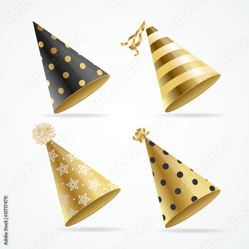 Realistic Detailed 3d Gold Hat Party Set. Vector