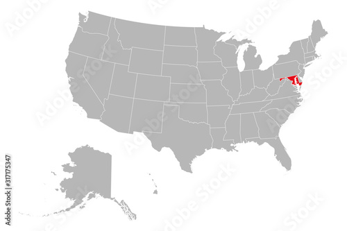 Maryland highlighted on USA political map. Gray background.