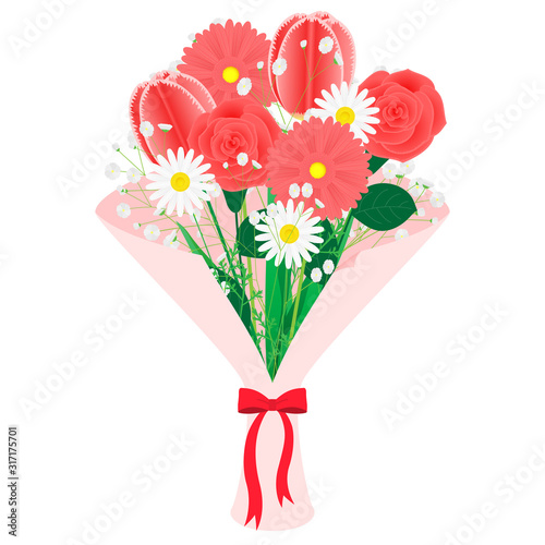 Illustration of a bouquet of tulips, roses and Gerbera daisys (red)
