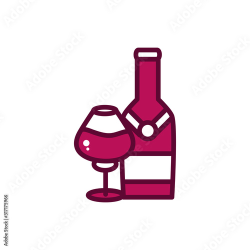 wine bottle and glass cup liquor celebration drink beverage icon line and filled