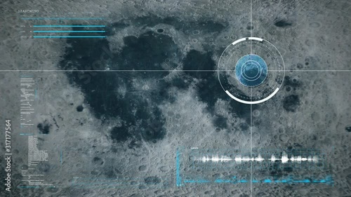 Satellite flyover of the Moon with full HUD interface exploring the surface - 3D render photo