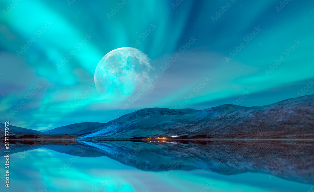 Northern lights (Aurora borealis) in the sky with super full moon