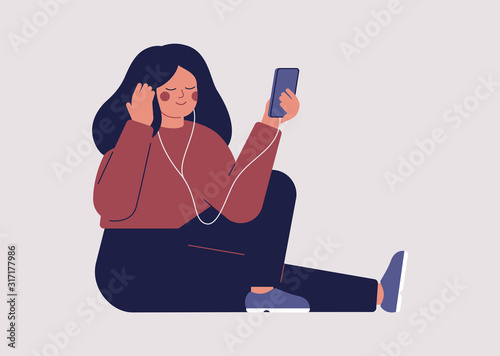 Young woman is listening to music or audio book with headphones on her smartphone. Teenager Girl is learning languages online. Vector illustration