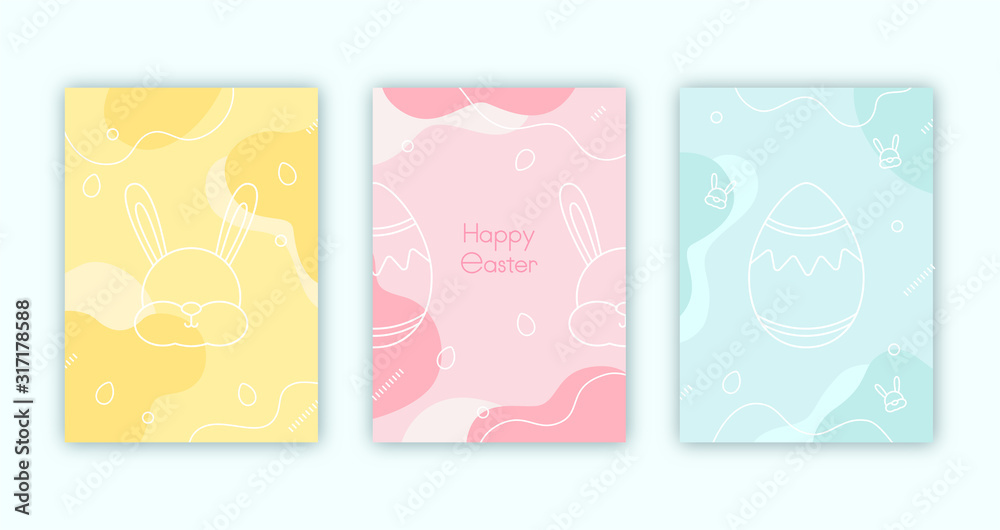 Happy Easter cards set. Abstract vector colorful illustration. Outline rabbit head, egg and smooth elements collection.