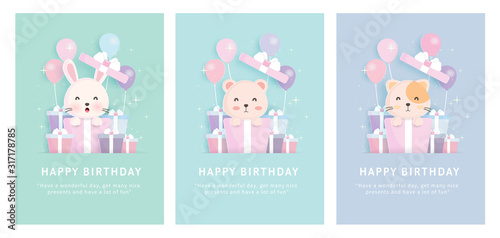 Baby shower card , set of birthday greeting template cards   with rabbit , cat and bear standing in gift boxes in paper cut style. 