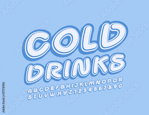 Vectorstylish logo Cold Drinks. Handwritten creative Font. Blue Alphabet Letters and Numbers.