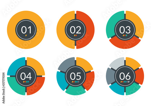 Pie Chart set. Circle graph or diagram wit 6 steps, sections oe parts. Round infographic template for Ui, web and graphic design. Vector illustration.