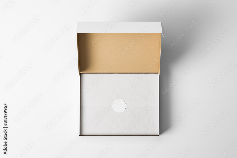 Top view of an open white realistic cardboard box with wrapping paper and a sticker on it. The concept of business gifts. Mock up. 3d rendering - obrazy, fototapety, plakaty 