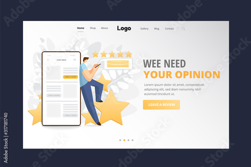 Feedback, survey vector flat landing page concept with people, man standing on big rating stars, writing reviews and making comments about service or product. Rate feedback and testimonial, customer