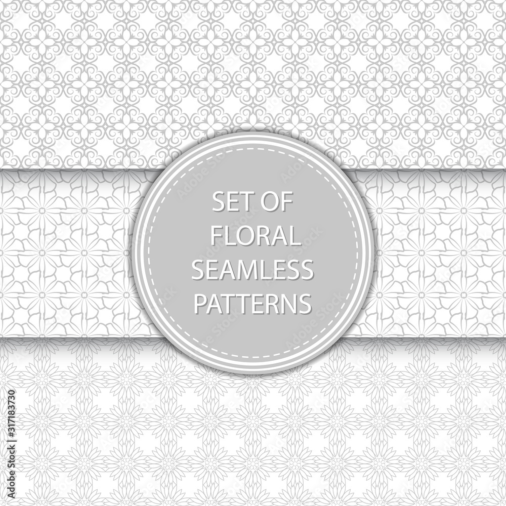 Floral seamless patterns compilation. Gray designs on white backgrounds Floral seamless patterns compilation. Gray designs on white backgrounds