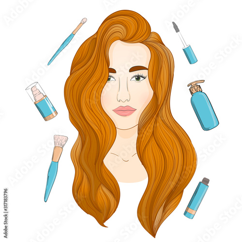 Vector beautiful ginger girl. Long ginger hair and beauty products.