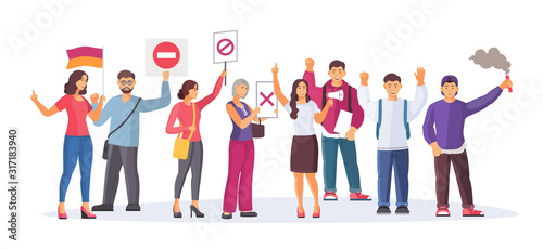 Protesting group people. Crowd of protesting people demonstration, are holding placards on strike or demonstration. Men and women take part in the rally, political meeting. Vector illustration