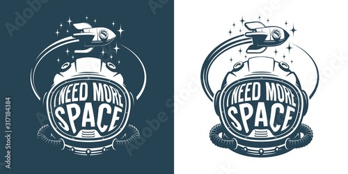 Photo Astronaut helmet retro logo with text - i need more space - an flying rocket spaceship