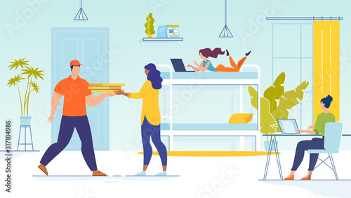 Fast Fresh Pizza Delivery Service. Man Courier Delivering Fastfood in Cardboard Pack to Student Hostel. Friends Pastime and Preparation for Exams. Online Snack Order. Vector Illustration