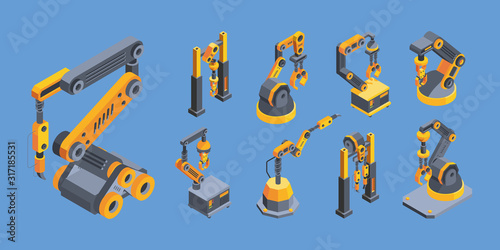 Crane machines colorful isometric vector illustrations set.