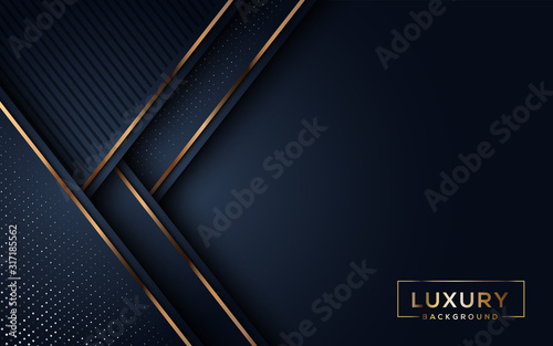Luxury elegant background with shiny gold abstract element and dots particle on dark black metal surface. Business presentation layout