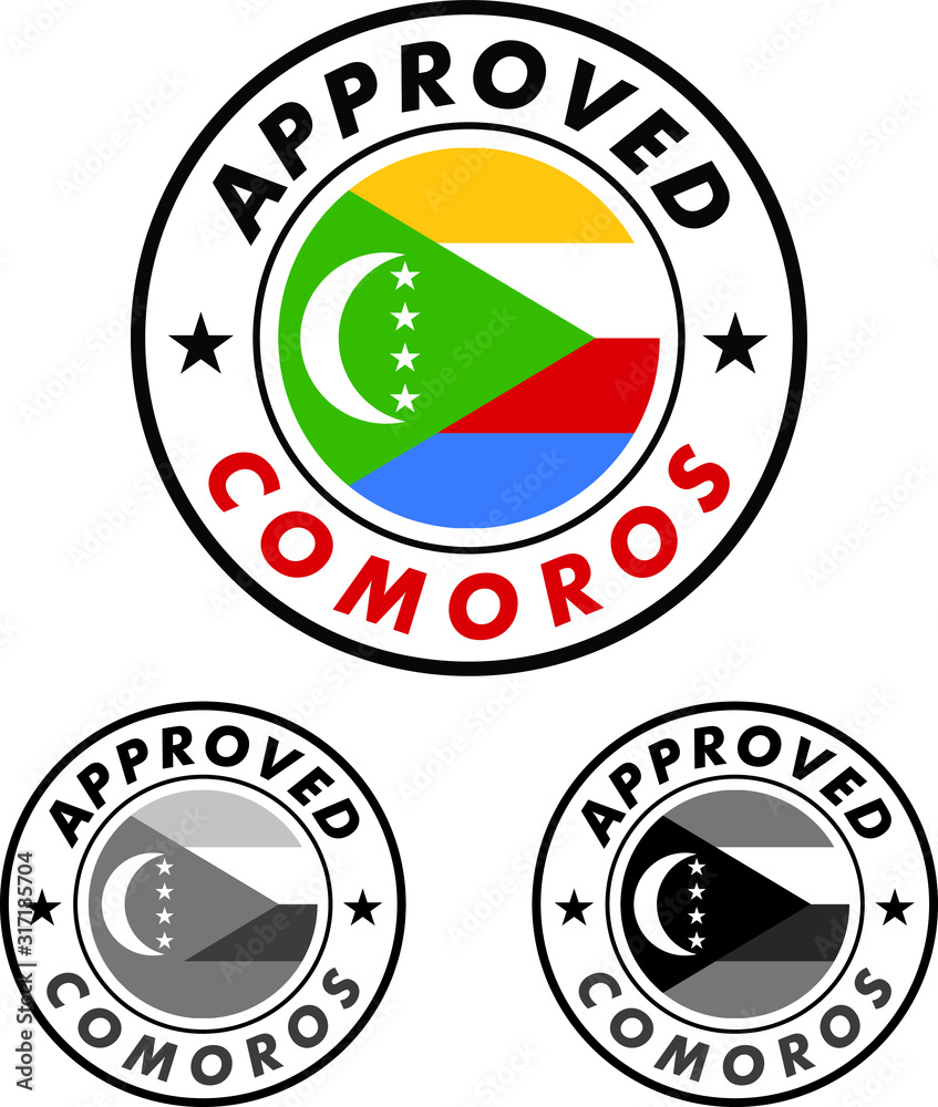 Vector Stamp of Approved logo with Comoros Flag in the round shape on the center Vector Stamp of Approved logo with Comoros Flag in the round shape on the center