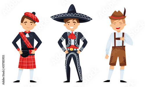 Kids in Traditional Costumes Standing and Smiling Vector Set