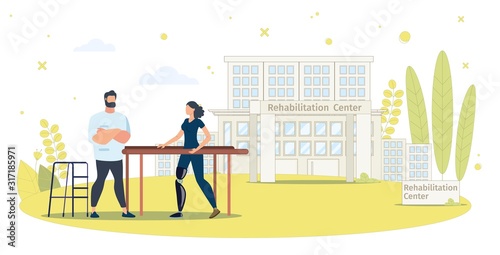 Rehabilitation Center for People with Disabilities Trendy Flat Vector Concept. Disabled Woman with Leg Prosthesis Training to Walk on Parallel Bars, Therapist Helping Disabled Woman Illustration