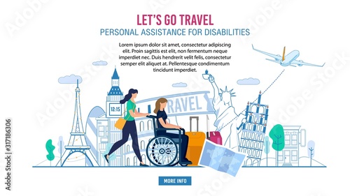 Webpage Banner Advertising Professional Assistance for Disabled People during Europe Voyage, Travelling on Vacation. Woman Volunteer Pushing Lady in Wheelchair, Help with Luggage Vector Illustration