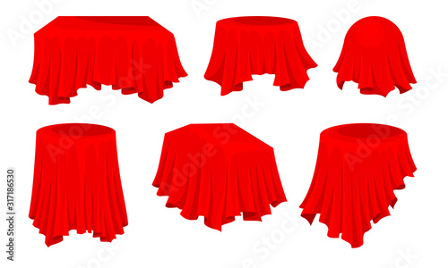 Objects Covered with Red Tablecloth Isolated on White Background Vector Set