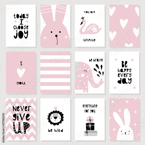 A set of cute pink cards and posters with animals
