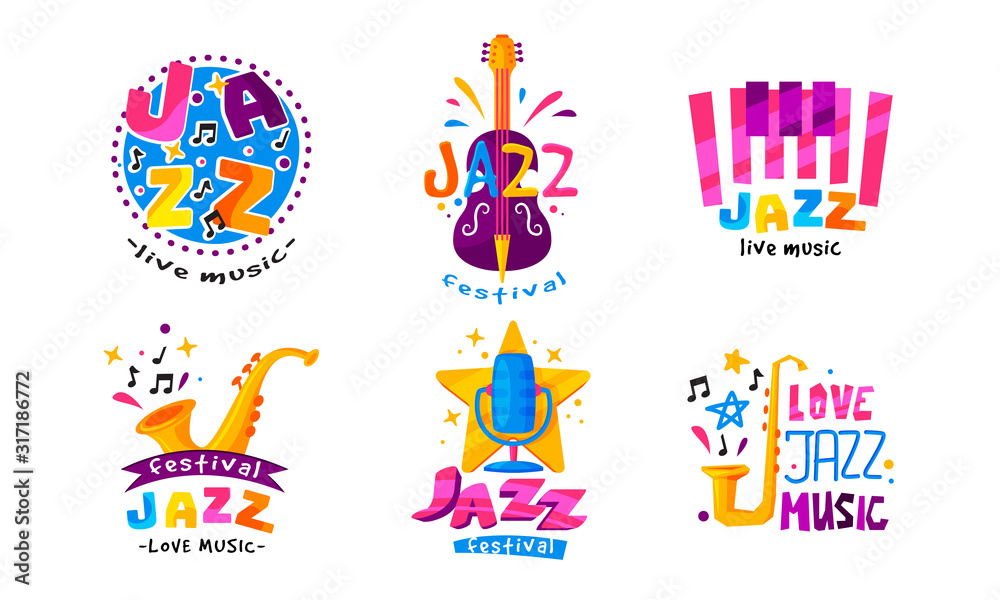 Jazz Festival or Live Concert Labels or Logos Vector Set Jazz Festival or Live Concert Labels or Logos Vector Set