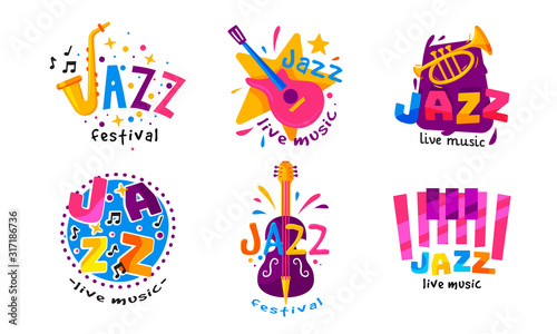 Jazz Festival or Live Concert Labels or Logos Vector Set
