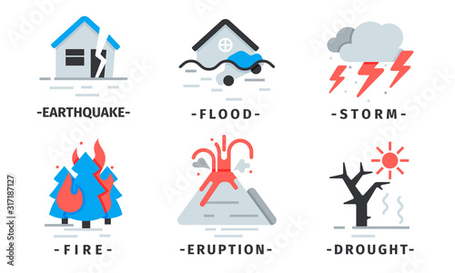 Natural Disaster Icons Vector Set. Destructive Forces of Earth