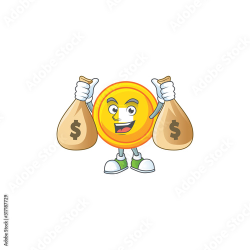 A picture of rich chinese gold coin cartoon character with two money bags