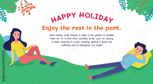 Happy Holiday,  Vector illustration of people having a rest on a picnic in nature. 