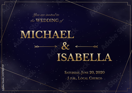 Wedding invitation horizontal card on magic night dark blue sky with sparkling stars and nebula. Vector golden shiny glowing lettering in creative frame. Luxury elegant navy blue template.