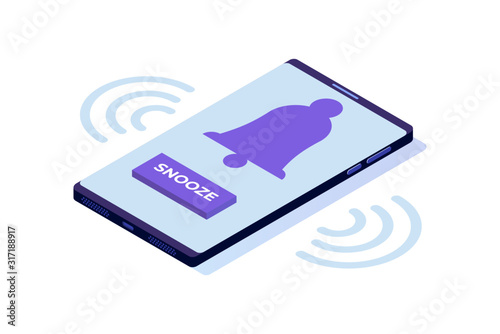 Smart phone alarm clock with snooze button. Isometric Vector illustration.