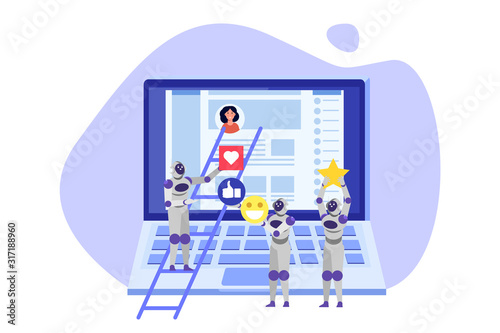Social media bots,  Fake accounts concept.  Automation method to gain followers. Vector illustration.