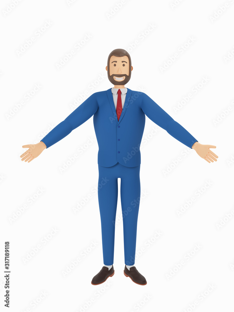 Cartoon character a wellcoming official. Glad to see you guys. Adult man welcomes the team. 3d rendering Cartoon character a wellcoming official. Glad to see you guys. Adult man welcomes the team. 3d rendering