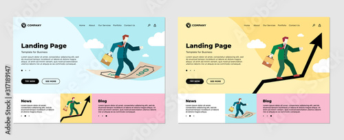 Finance investment concept landing page template set. Businessman with diplomat briefcase flies standing on money banknote. Business man on graph arrow in sky. Flat web site design vector illustration